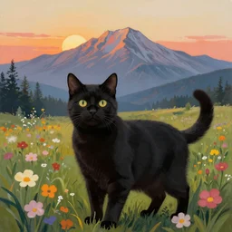 beautiful black cat in a  field of flowers, mountain sunrise, painted by Peter Max, detailed , clear, trending on artstation