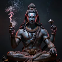 lord shiva as a muscular character, smoking inside a dark studio, photography, red smoke coming out of his smoking bowl
