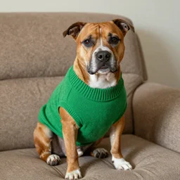 American Staffordshire terrier sitting on a sofa wearing a green sweater, 8k, hdr