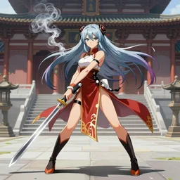 an epic fantasy comic book style portrait painting of hatsune miku sword dance chinese costume woman, long hair, smoke, full body xianxia, chinese temple, depth of field by yoji shinkawa 4 k