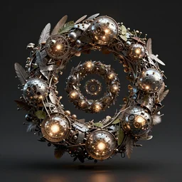 a mystical spiral fractal cyborg made of scrap metal and glowing spherical balls and leaves and feathers, 3 d, trending on artstation, octane render, 8 k, by donato giancola