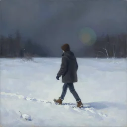 a painting of a person walking in the snow, concept art by cyril rolando, featured on deviantart, metaphysical painting, anamorphic lens flare, 2 d game art, concept art