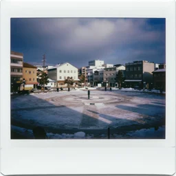 a town square during winter designed by ryoji ikeda, photograph, polaroid