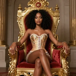 beautiful african goddess with an afro sitting on an royal throne, wearing corset, inspired by yara shahidi, inspired by brom art and art by stephen gammell