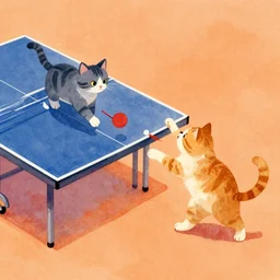 dos gatos jugando al ping pong sobre fondo naranja, vibrant watercolor