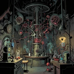impossible laboratory, dimly lit, paradoxical apparatus filling the space. Comic book style of Frank Brunner. Unspeakable, horrific unnatural experiments are performed here. Paradoxical and intricate connections. Highly detailed, cinematic, dramatic
