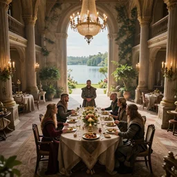vikings celebrate in a luxurious dining hall 3 0 th century, lake, gardens, epic cinematic hyperrealism masterpiece, realistic shaded lighting by craig mallismo, artgerm, jeremy lipkin and michael garmash and hans zatzka, unreal engine, radiant light, detailed and complex environment, digital art, art station trends