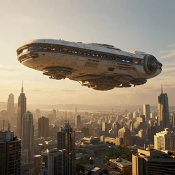 futuristic sci-fi city, a giant spaceship is floating over the city, matte painting, concept art, dramatic lighting, golden hour, 4k, 8k, trending on Artstation, realistic