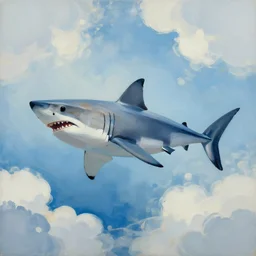 abstract painting of a great white shark flying through a beautiful cloud filled sky