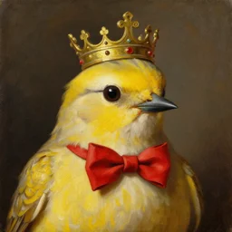 A beautiful and elegant oil painting of a yellow bird wearing a crown and a red bow tie, 50mm lens, studio lighting, oil painting, matte, no blur, close up, 4k, by Sandro Boticceli