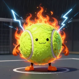 a tennis ball monster ,tennis ball, fire, flames, lightning, rain, chalk, digital art, fantasy, magic, trending on artstation, ultra detailed, professional illustration by Basil Gogos