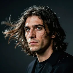an action portrait of a man with long hair, dynamic, motion blur, headshot, water droplets, by robert capa, trending on artstation, octane render, unreal engine 5