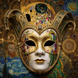 Divine Chaos Engine, as a Venetian Carnivale Mask, by Karol Bak, Jean Deville, Gustav Klimt, and Vincent Van Gogh, celestial, visionary, sacred, fractal structures, ornate realistic gilded medieval icon, spirals, octane render