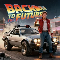 the dolorean from the movie back to the future, in the style of the movie mad max