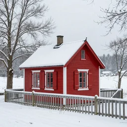 small cottage with red shutters, photography, dreamy, winter