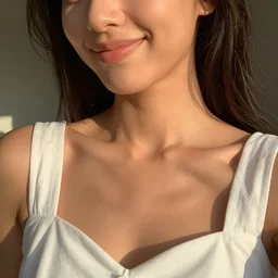 olive skinned female model in her thirties, wearing white dress, focused on neck, photo realistic, extreme detail skin, natural beauty, smiling, no filter, slr, golden hour, 4 k, high definition, selfie