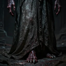 terrific jinn demon with hoof on his feet with long cloth, horror, dark atmosphere, harsh lighting, cinematic lighting, scary, award wining art, artstation, high details, concept art, 4 k