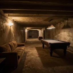 photograph of a new finished dimly lit basement of a middle class home with a couch and a pool table in the corner at night, empty, light from upstairs, warmly lit, massive long twisting hallways, strange architecture, creepy, void, liminal, backrooms