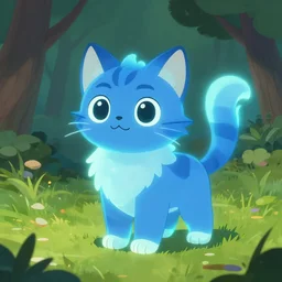 illustration of glowing adorable blue warrior cat in grassy field, tree, detailed concept art, artstation, warrior cats, shading,