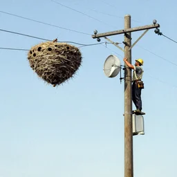 a hornet nest on a telephone pole and a lineman working on the pole. full color lithograph by maxfield parrish