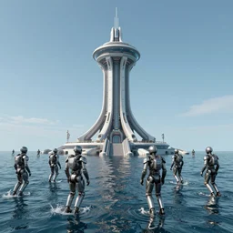 a battle for a futuristic tower in the ocean, metal soldiers walking on water, massive machines, action, explosions, epic, art, trending on artstation, landscape, detailed, anime