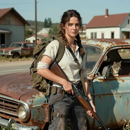 fallout 5, charismatic backpacking rifle wielding brunette female protagonist and pet feline companion, portrait, outdoors scene, somewhere in a low density rural town, retro rusted cars, atmospheric lighting, painted, intricate, volumetric lighting, beautiful, daytime, sunny weather, sharp focus, slightly desaturated, kodachrome, ultra detailed, by leesha hannigan, ross tran, thierry doizon, kai carpenter, ignacio fernandez rios
