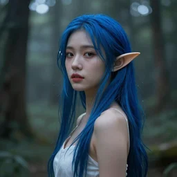 beautiful young Asian elf woman with blue hair in a hazy forest at dusk, by Artgerm