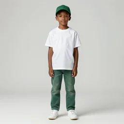 A black boy with white t-shirt and green jeans and a green cap standing in a sunflower field with bees flying around him while sun is setting in the background, professional photography