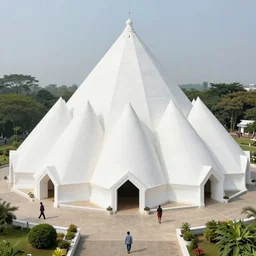 massive white pyramids, meditation center surrounded by nature, people walking around