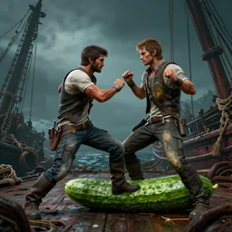 hyperrealistic film still of rafe from uncharted 4 fighting with a cucumber on a shipwreck, eccentric, stunning 3 d render, inspired by istvan sandorfi & greg rutkowski & unreal engine, perfect symmetry, dim volumetric cinematic lighting, 8 k octane comprehensive render, intricate, real flesh texture, masterpiece, artstation, stunning