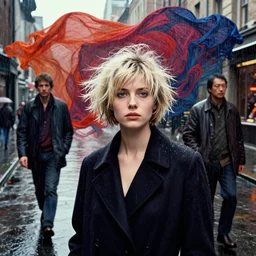 rainy street, girl portrait, short messy bleached hair, richard avedon, martin schoeller, victor ngai, id magazine, epic scene, surreal, david cronenberg, kilian eng vibrant colours, billowing, dramatic, dynamic lighting, intricate illustration, detailed, beksinski, dan mumford, artstation, greg rutkowski, sharp focus, photoreal, 8 k