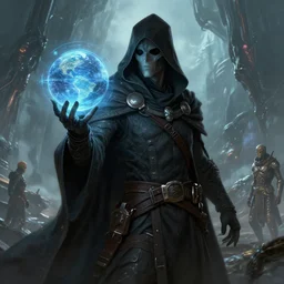 male rogue wearing a cloak on an alien world and holding a holographic planet projection in his hand, covered face, detailed, sci - fi, digital painting, artstation, sharp focus, illustration, artgerm, tomasz alen kopera, peter mohrbacher, donato giancola, joseph christian leyendecker, wlop, frank frazetta