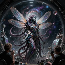 An epic fantastic realism comic book style painting of the most beautiful cyberpunk tentacle beautiful wispy feminine entity with dragonfly wings, dark eerie photo, photo pic taken by beksinski gammell giger mcfarlane, high tech biotechnologies, dark cosmos and glorious nebula, fisheye lens, unreal 5, DAZ, hyper realistic, octane render, dynamic lighting