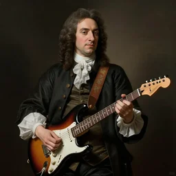 Antonio Vivaldi playing a Stratocaster electric guitar, 18th century portrait