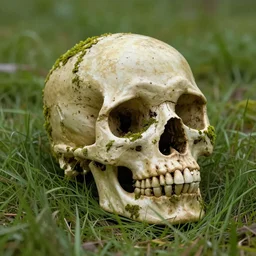 The skull is overgrown with moss and grass, lies in the grass, ultrarealism, render, 3d computer graphics