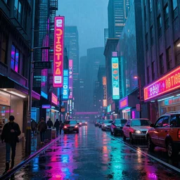 colorful cyberpunk street, rain, neon lights, style of liam wong
