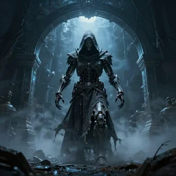 character and environment design, ( ( biomechanical ) ) arcanist coming through a magic portal, tattered!!! robe and hood, blue light, fog, scary, arrogant, hostile, photorealistic, cinematic, hyper realistic, octane render, 8 k, wide angle