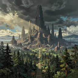 mayan cyberpunk city in the center of redwood forest, viewed from a distance, shadow of the colossus screenshot by j. c. leyendecker, simon stalenhag, studio ghibli, and beksinski