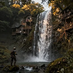 rivendell steampunk, waterfalls from clif, dappled golden lighting, cinematic, photographic, realistic, highly detailed, matte painting