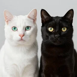 [white cat with green eyes] to the left in the picture, [black cat with yellow eyes], to the right in the picture