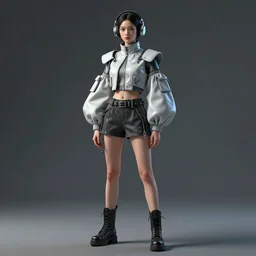 haute couture, clothing setting for girl, model standing pose, futurism, vest, princess sleeve jacket, shorts, boots, headphones, cyberpunk style, render by octane and blender, hyper realistic, hyper detailed