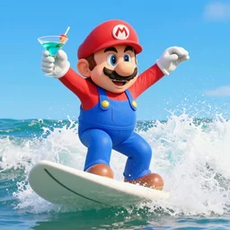action shot from a live action movie still of mario surfing while holding a martini in one hand, the martini has an olive, highly detailed, professional high quality 4 k render tight action shot heart pounding dramatic lighting