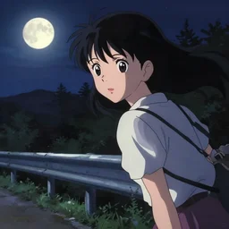 anime visual, dark portrait of a young girl sightseeing overlook at from the park exterior, moon, guardrail, cute face by anmi, murata range, katsura masakazu, ilya kuvshinov, dynamic pose, dynamic perspective, strong silhouette, anime cels, flat shading, rounded eyes, realistic proportions, dramatic, detailed facial features