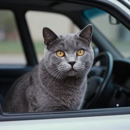 photograph of a gray cat with yellow eyes looking out a car window, screenshot from commercial from 1989, cinestill, Sigma 24mm f/8, production still