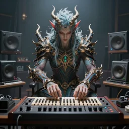 a centered photo of the most complicated and technical musical studio equipment being played by a mystical being, powerful, cinematic, beautifully lit, by artgerm, by karol bak, 3 d, perfect face and body, trending on artstation, octane render, 8 k