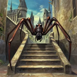 “a giant spider on MC Escher Hogwarts stairs by Junji Ito”
