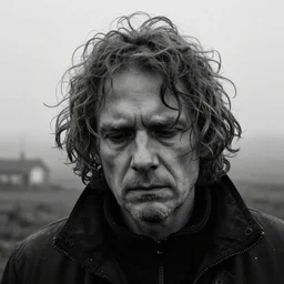award winning photo of some despair as lars von trier would depict it, he is 2 7, he has medium length curly hair, listens to deafheaven, he borrows your dreams, photo, black and white, the background is a distant memory, insanely detailed, close up, foggy like in norwegian black metal aesthetic