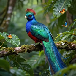 resplendent quetzal in a forest with tropical leaves, butterflies, sparkling water, glistening, hyper realistic, hyper detailed, digital art, trending in artstation, cinematic lighting, studio quality, smooth render, unreal engine 5 rendered, octane rendered, art style by klimt and nixeu and ian sprigger and wlop and krenz cushart