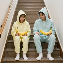bananas in pyjamas are coming down the stairs, photorealistic highly detailed