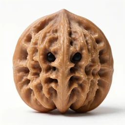 a stern round large walnut with two stern eyes and a mouth without a nose, white background